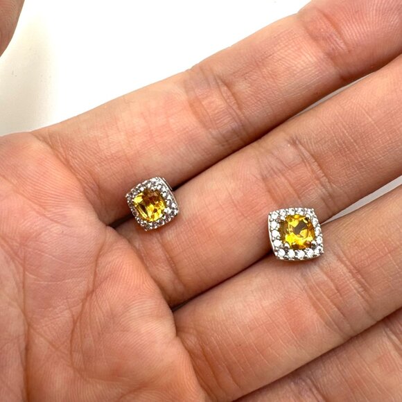VTG Sterling Silver 925 Lemon Yellow Quartz CZ Halo Stud Earrings Size 8x8 mm - Picture 10 of 13